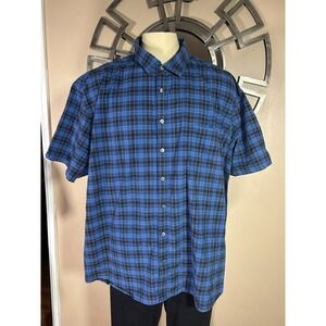 Claiborne Shirt Mens 4XL Blue Plaid Short Sleeve Button Up Stretch Casual